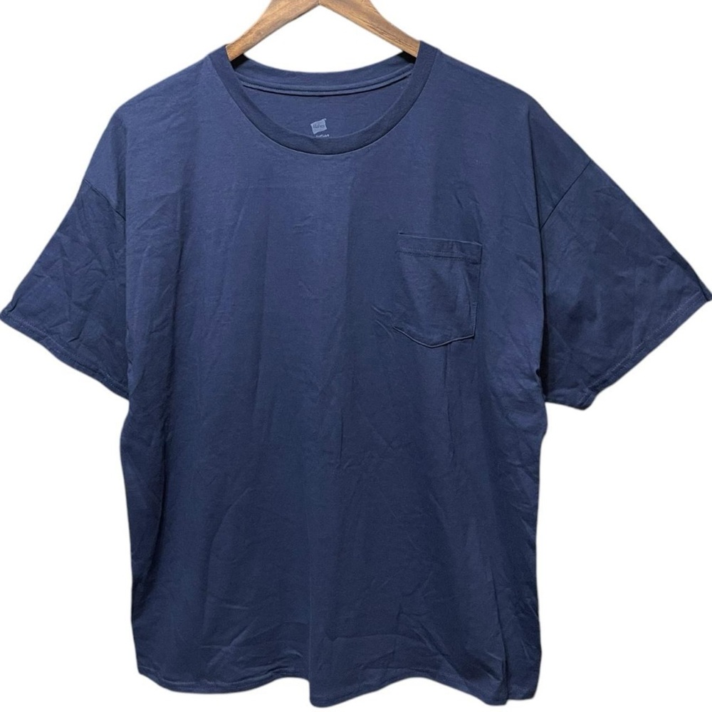 blank dark blue navy Hanes short sleeve crewneck casual work front pocket shirt